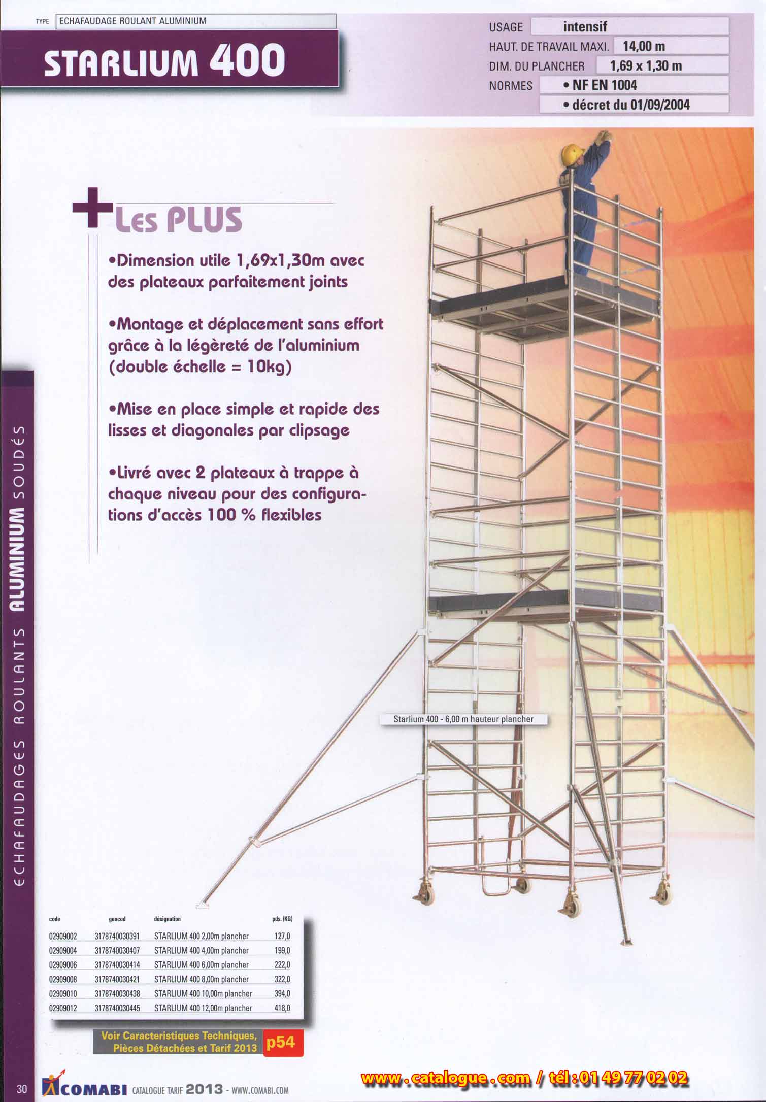 Starlium 400, dimension utile 1,69m x 1,30m avec des plateauxnparfaitement joints, montage et déplacement sans effort grâce à la légèreté de l aluminium, mise en place simple et rapide des lisses et diagonales par clipsage, livré avec 2 plateaux à trappe à chaque niveau pour des configuration d accès 100% flexibles.